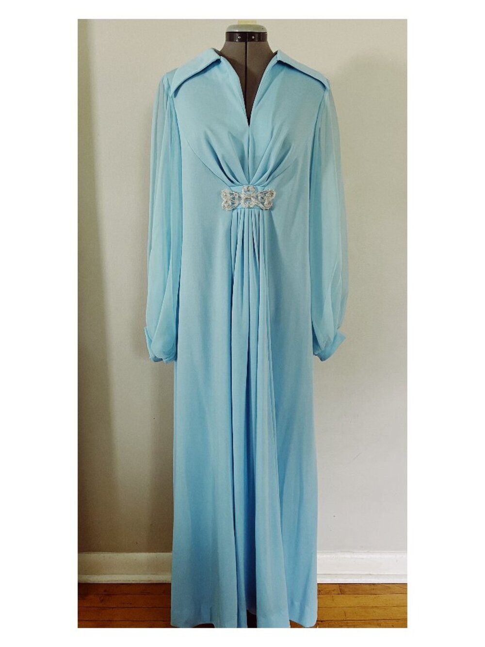 VTG JC Penney Fashions Sz L Aqua Blue Evening Maxi Dress Sheer Sleeve A Line